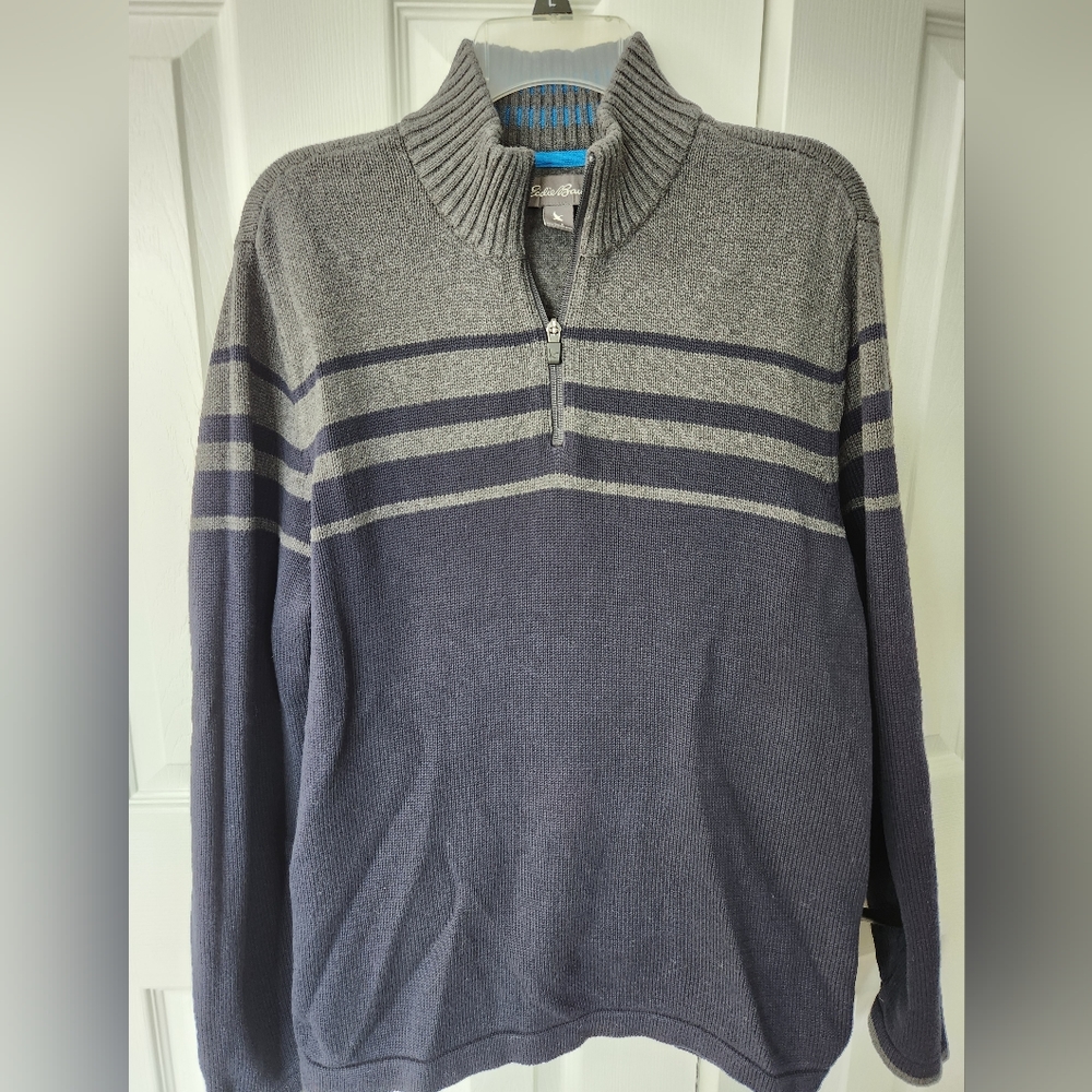 Eddie Bauer Striped 1/4 Zip Knit Sweater Mens Gray Blue Mock Neck Gorpcore L